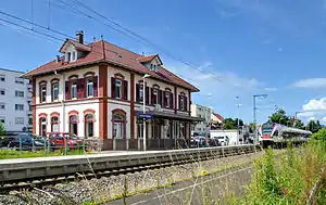 Two-story building with hipped roof