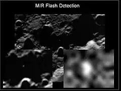 Image taken of the Centaur upper stage impact in the Cabeus crater near the south pole of the Moon. The images were taken by the LCROSS Shepherding Spacecraft.