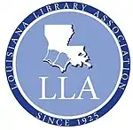 State of Louisiana with a book inside it, the name of the org and the date it was founded 1925, in a vaguely blue color