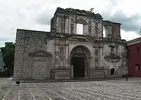 Jesuit church façade, stabilized in the 21st century.  Note the damage to the structure after the 1976 earthquake.