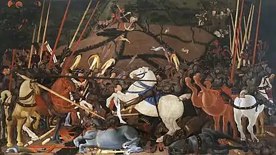 Painting of a battle scene with horsemen and lancers