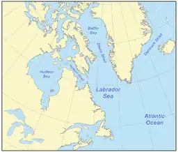 Map of water bodies in northeastern Canada, including Baffin Bay and the Labrador Sea, which occupy basins created by the Canadian Arctic Rift System.