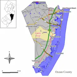 Location of Lacey Township in Ocean County highlighted in yellow (right). Inset map: Location of Ocean County in New Jersey highlighted in black (left).