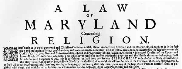 A printed page titled "A Law of Maryland Concerning Religion"