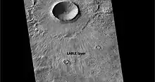 LARLE crater, as seen by CTX  LARLE layer that is composed of fine-grained material is labeled. It may be eroded away and a pedestal crater will remain.