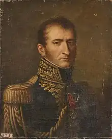 Black and white print of a scowling man wearing a dark military uniform with epaulettes and the high collar typical of the Napoleonic era.