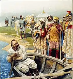 Man in plain white clothes and alone in a rowboat, arrives on a shore where a group of richly dressed men stand and  await him, among them a crowned man in golden armour