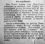 1893 report of a young woman (Lena Aronsohn) in Louisiana set to become "a lady rabbi" (Shreveport Times, 7 July 1893)