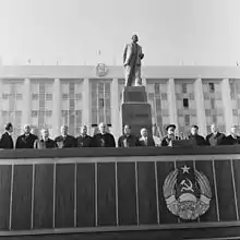 Leonid Brezhnev and Ivan Bodiul on a grandstand on the square during a parade in 1974.