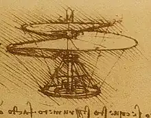 Sketch in pen and ink of an idea for a flying machine with a spiral rotor, Leonardo da Vinci