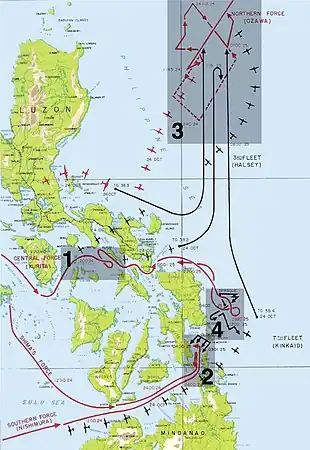 The four main actions in the Battle of Leyte Gulf: 1 Battle of the Sibuyan Sea 2 Battle of Surigao Strait 3 Battle off Cape Engaño 4 Battle off Samar. Leyte Gulf is north of 2 and west of 4. The island of Leyte is west of the gulf.