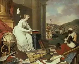 Liberty Displaying the Arts and Sciences, or The Genius of America Encouraging the Emancipation of the Blacks, 1792, Samuel Jennings. A liberty tree is outside.