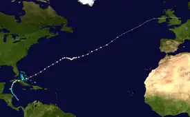 Storm path of hurricane, stretching from the southern Caribbean to the northern Atlantic.