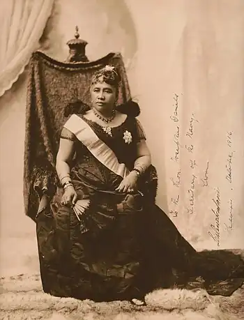 Image 15LiliʻuokalaniPhotograph credit: James J. Williams; restored by Adam CuerdenLiliʻuokalani (September 2, 1838 – November 11, 1917) was the only queen regnant and the last sovereign monarch of the Hawaiian Kingdom. She ascended to the throne on January 29, 1891, nine days after the death of her brother King Kalākaua. During her reign, she attempted to draft a new constitution in 1893 that would restore the power of the monarchy and the voting rights of the economically disenfranchised. Threatened by her attempts to abrogate the 1887 Bayonet Constitution, pro-American elements in Hawaii overthrew the monarchy on January 17, 1893. She was placed under house arrest, was forced to abdicate the Hawaiian throne and lived the rest of her life as a private citizen. This photograph of Liliʻuokalani was signed by the queen herself and addressed to Josephus Daniels, United States Secretary of the Navy.More selected pictures