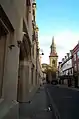 Looking south along Turl Street towards All Saints with Lincoln College on the left.