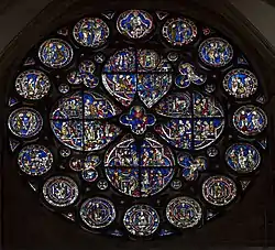 Plate tracery, Lincoln Cathedral "Dean's Eye" rose window (c. 1225), in French terms Classic Gothic