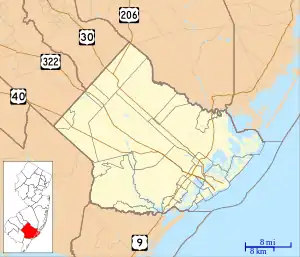 Pushpin map showing Landing Creek's mouth on the Mullica River on the northeast border of Egg Harbor City