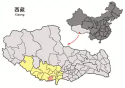 Location of Dinggyê County (red) within Xigazê City (yellow) and the Tibet Autonomous Region