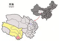 Location of Nangqên County (red) within Yushu Prefecture (yellow) and Qinghai