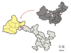 Suzhou District (red) within Jiuquan City (yellow) and Gansu