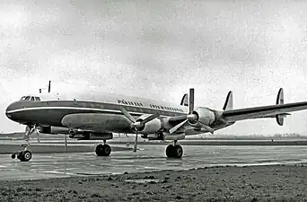 A Pakistan International Airlines Super Constellation at Heathrow Airport in 1955. The airline was one of the first airlines in Asia to operate the type