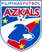 A blue, red, white, and gold crest featuring a dog's head, a football, and the nickname of the national team, The Azkals