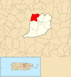 Location of Lomas within the municipality of Naranjito shown in red