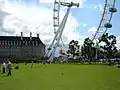 London Eye and LCC building from the middle of Jubilee Gardens, in its former state as grassland.