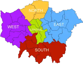 The five sub-regions shown within Greater London