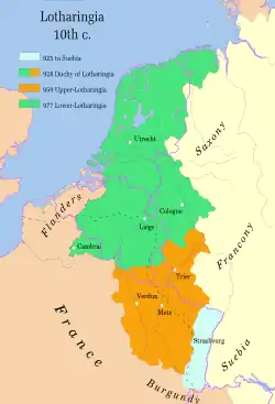 Green: Lower (Northern) Lotharingia in 977 (borders of current states in purple)