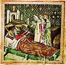 A crowned woman lying in a bed and stretches her hands towards a crowned baby held by a woman