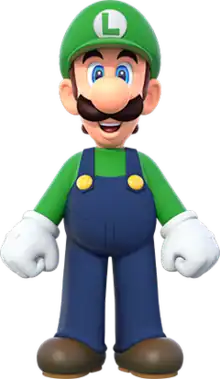 3D render of a cartoon plumber with a mustache, a large round nose, a green cap with the letter L, a green shirt, indigo overalls, and brown shoes.