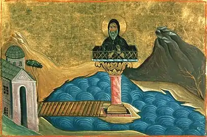 Saint Luke the New Stylite, of Chalcedon (Menologion of Basil II, 10th century).