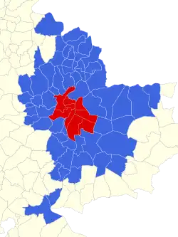 The city (commune) of Lyon (in red) and 58 suburban communes (in blue) make up the Grand Lyon