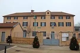 Town hall, library, and school