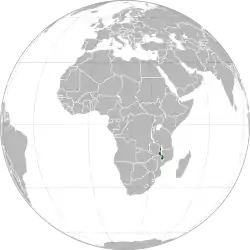 Location of Malawi (dark green) in southeast Africa