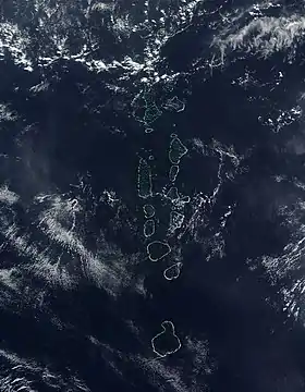 NASA satellite image of some of the atolls of the Maldives, which consists of 1,322 islands arranged into 26 atolls