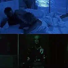 Two still images from the film. One is a married couple lying in bed, the image heavily tinted blue. The other is a man sitting alone in a darkened room, with the image heavily tinted green