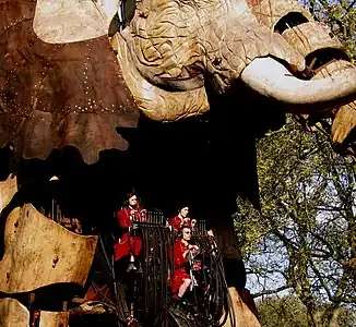 Puppeteers controlling the head of Royal de Luxe's Elephant, London, 2016