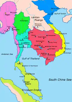 The main Champa kingdom (yellow) before 1306 lay along the coast of present-day southern Vietnam. To the north lay Đại Việt (blue); to the west, the Khmer Empire (red).