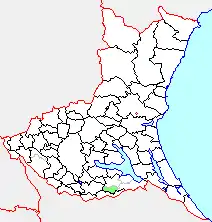 Map of Shintone (green), Ibaraki.Established April 1, 1955.Disestablished March 22, 2005.