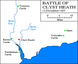 map showing location of the Clyst battlefield in Devon