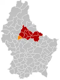 Map of Luxembourg with Mertzig highlighted in orange, and the canton in dark red