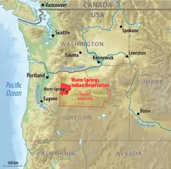 Location of the Warm Springs Indian Reservation and former tribal area