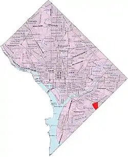 Map of Washington, D.C., with the Naylor Gardens neighborhood highlighted in red