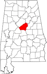 Shelby County, Alabama (marked red) where the species is known from the Cahaba River.