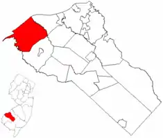 Location of Logan Township in Gloucester County highlighted in red (right). Inset map: Location of Gloucester County in New Jersey highlighted in red (left).