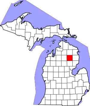 State map highlighting Oscoda County