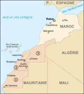 Map of Morocco and Western Sahara with the Southern Provinces in a darker color.