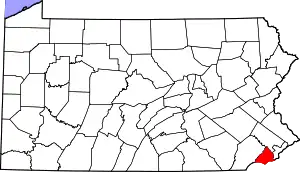 Map of Pennsylvania highlighting Delaware County